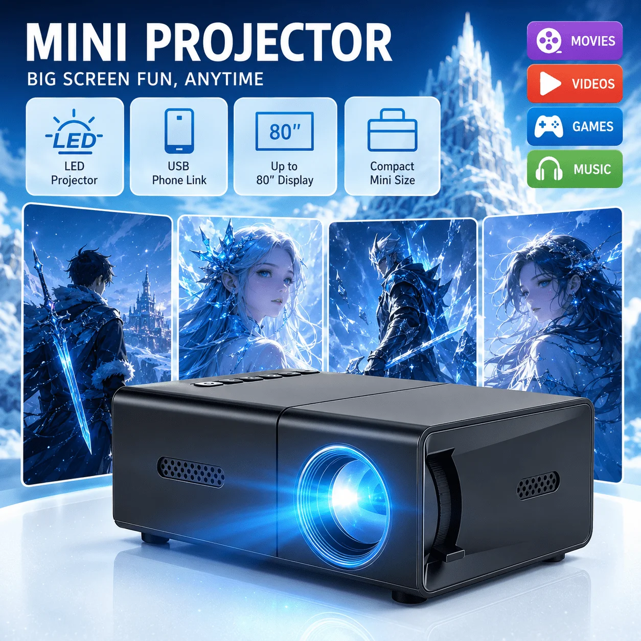 Video Home Cinema - جهاز عرض محمول صغير، متوافق مع